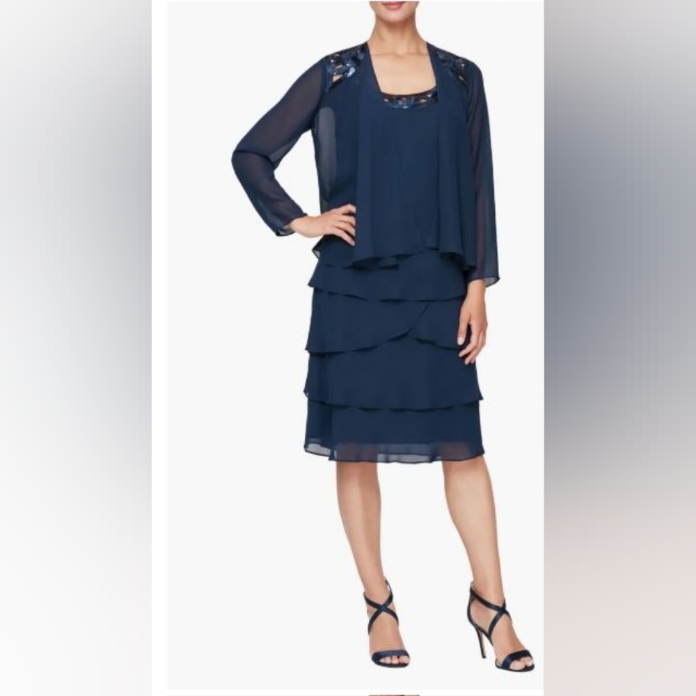 SL Fashions Navy Blue Tiered Dress with Jacket. Size 12P. Wore Once.